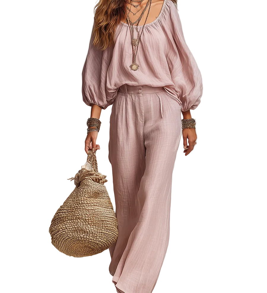 Bohemian Style Light Pink Lantern Sleeve Wide Leg Pants Set