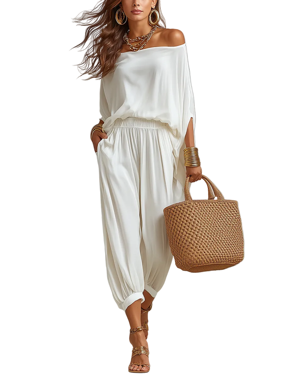Ethereal White Off-the-Shoulder Batwing Sleeve Wide-Leg Trouser Co-ord Set