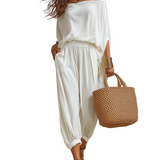 Ethereal White Off-the-Shoulder Batwing Sleeve Wide-Leg Trouser Co-ord Set