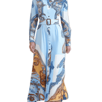 VESTIDO LARGO CAMISERO AZUL CLARO CON ESTAMPADO PAISLEY Y CINTURÓN - VALERINA MARBELLA