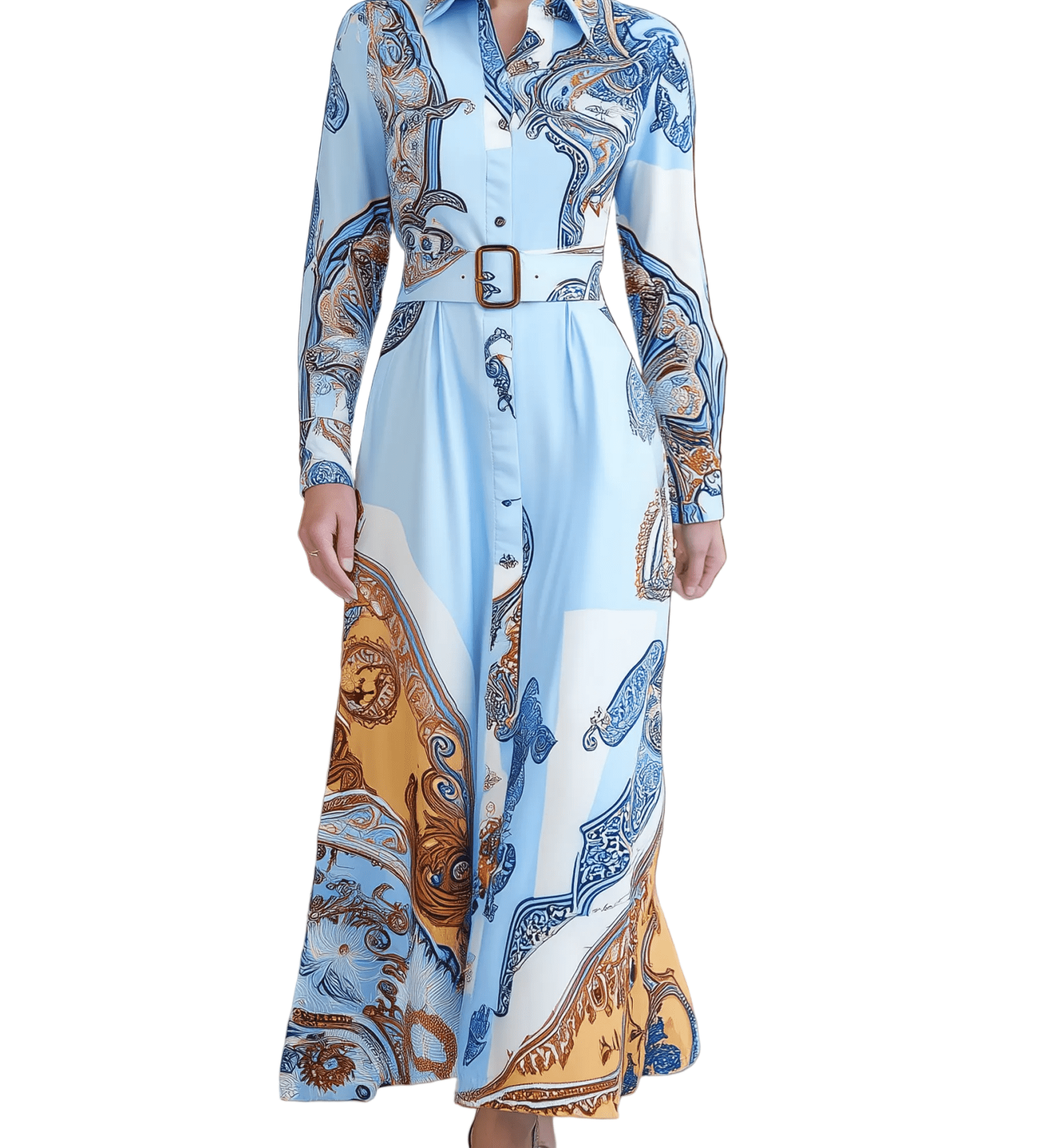 VESTIDO LARGO CAMISERO AZUL CLARO CON ESTAMPADO PAISLEY Y CINTURÓN - VALERINA MARBELLA