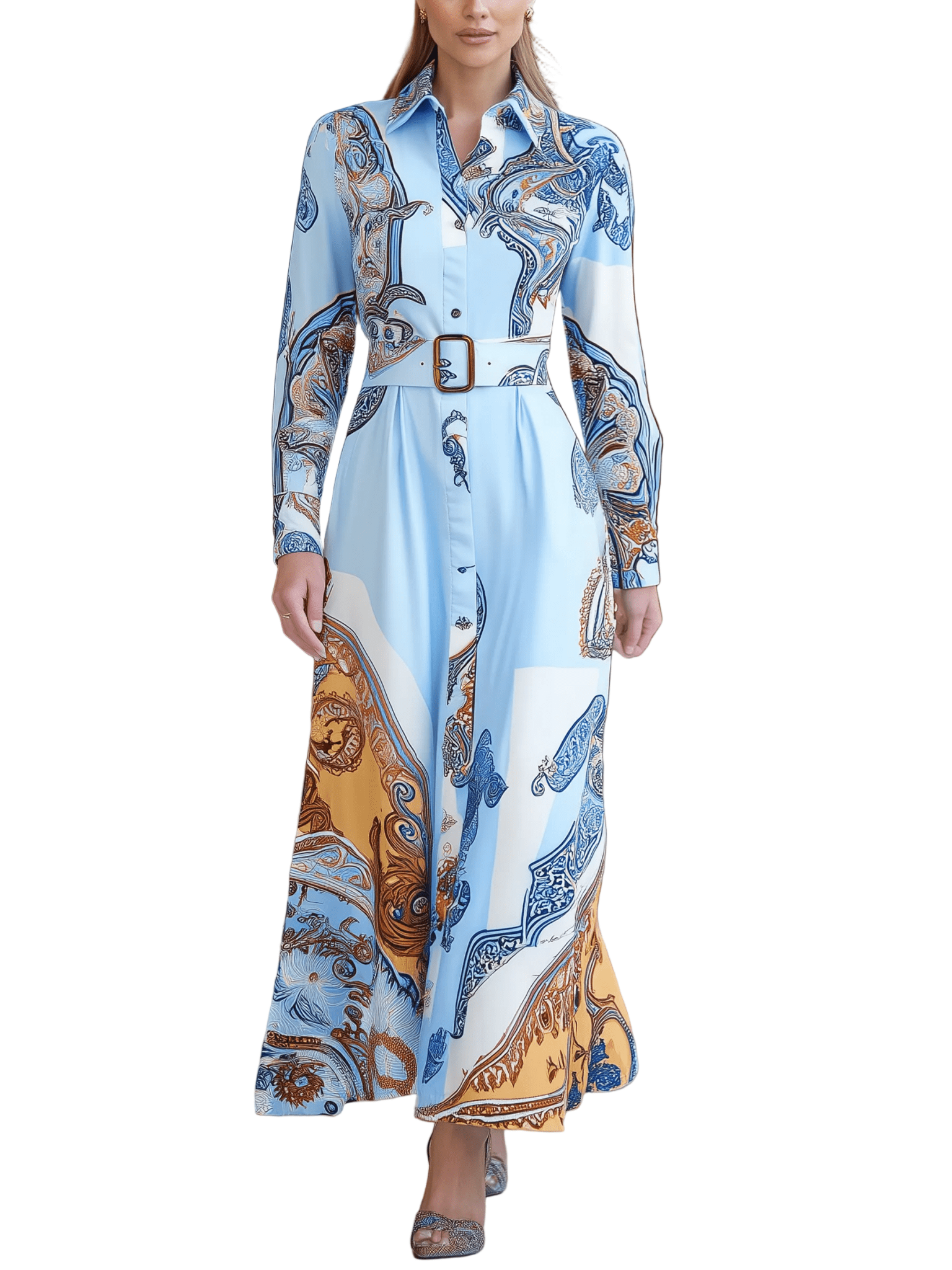 VESTIDO LARGO CAMISERO AZUL CLARO CON ESTAMPADO PAISLEY Y CINTURÓN - VALERINA MARBELLA