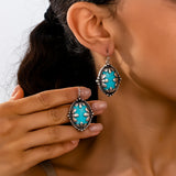 ELEGANTE BOHEMIO VINTAGE TURQUESA ÓVALO CON BLANCO PENDIENTES