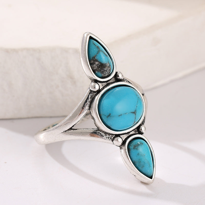 ANILLO BOHEMIO ORO BLANCO PLAQUÉ GOTA ÓVALO TURQUESA INCRUSTÉ