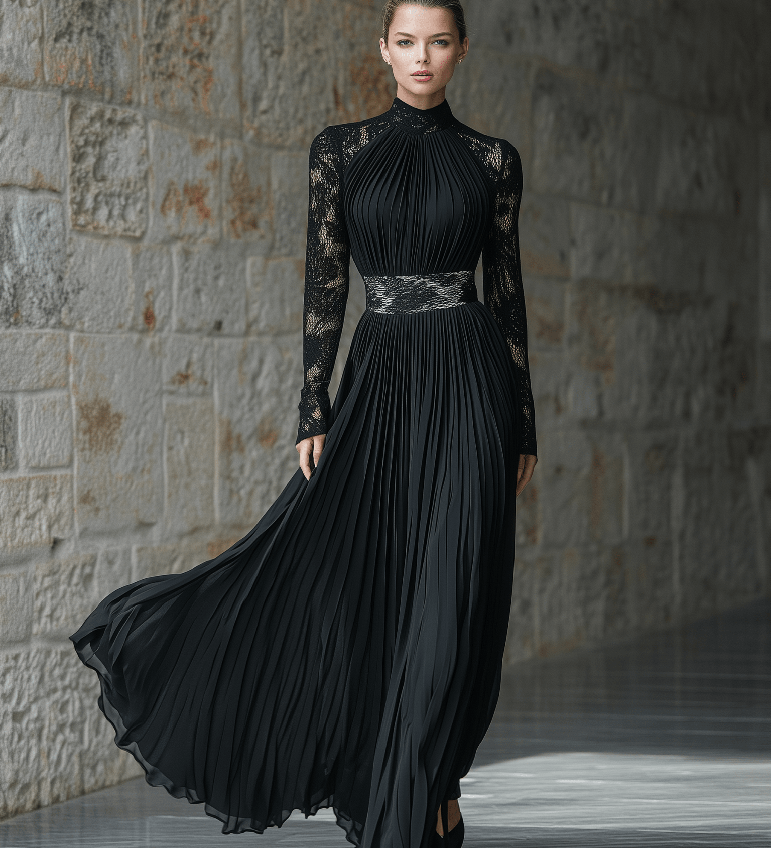 VESTIDO LARGO NEGRO PLISADO CON MANGAS DE ENCAJE - VALERINA MARBELLA