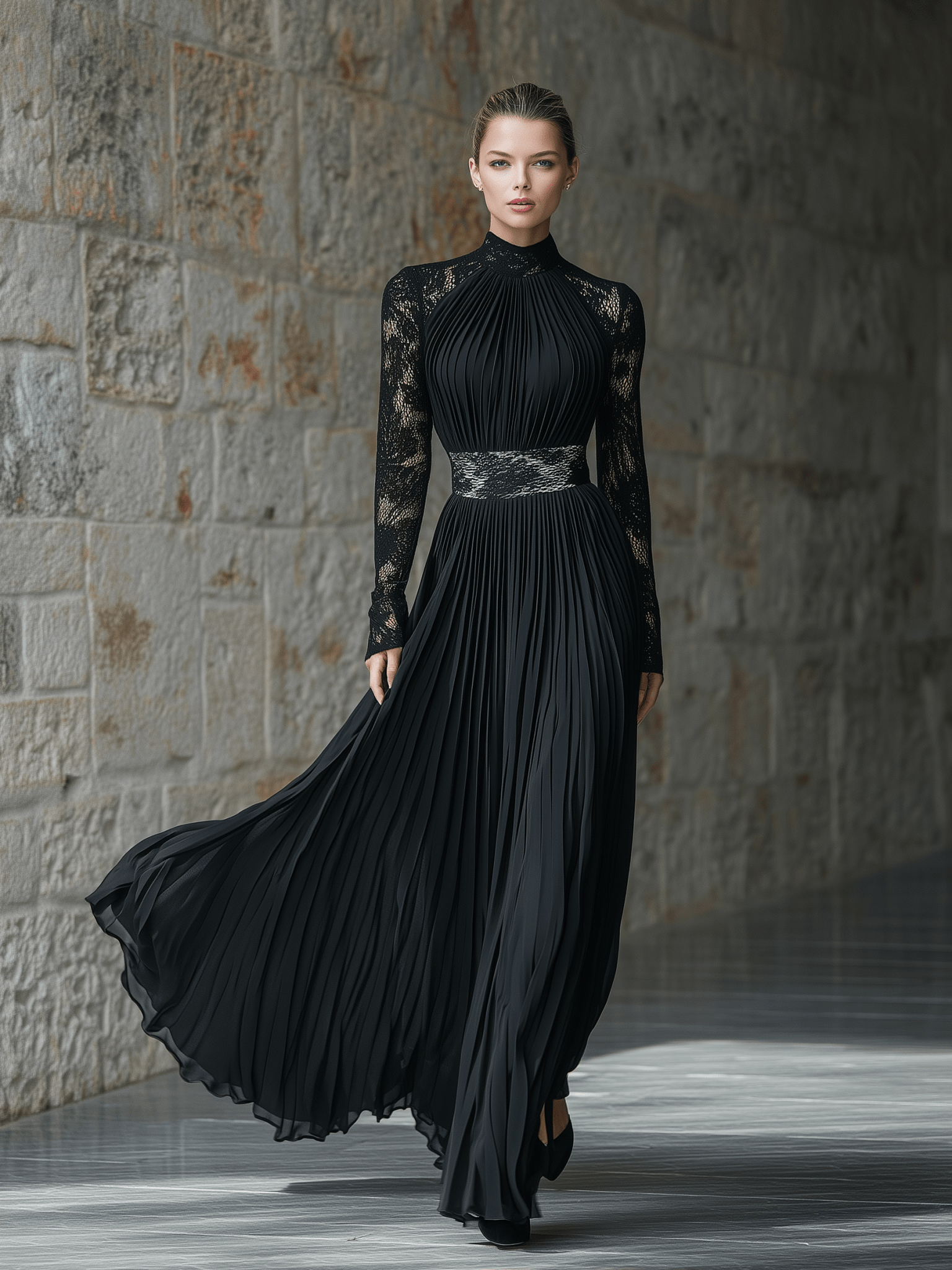 VESTIDO LARGO NEGRO PLISADO CON MANGAS DE ENCAJE - VALERINA MARBELLA