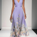 Light Blue Floral Chiffon V Neck Sleeveless A-Line Maxi Dress