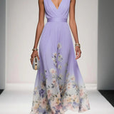 Light Blue Floral Chiffon V Neck Sleeveless A-Line Maxi Dress