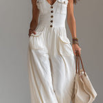 Casual Sleeveless Wide-leg Jumpsuit With Patch Pockets