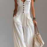 Casual Sleeveless Wide-leg Jumpsuit With Patch Pockets