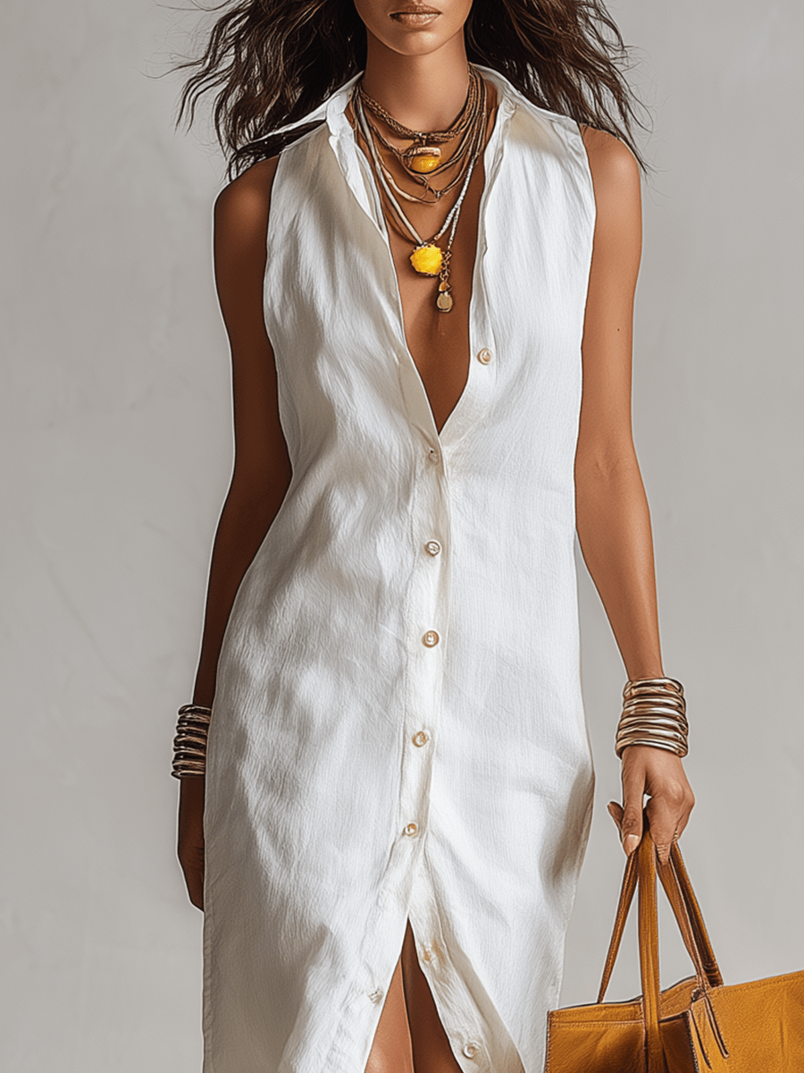 VESTIDO DE LINO SIN MANGAS CON BOTONES FRONTALES - VALERINA MARBELLA
