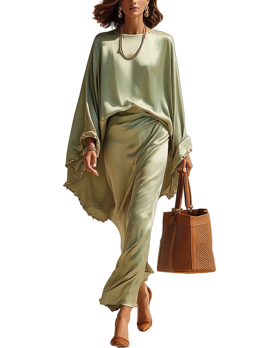 Lustrous Sage Green Satin Batwing Sleeve & Flowing Skirt Set