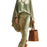 Lustrous Sage Green Satin Batwing Sleeve & Flowing Skirt Set