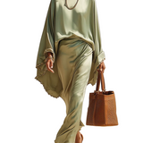 Lustrous Sage Green Satin Batwing Sleeve & Flowing Skirt Set