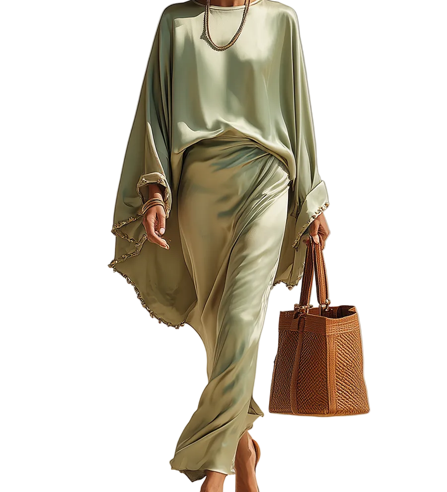 Lustrous Sage Green Satin Batwing Sleeve & Flowing Skirt Set