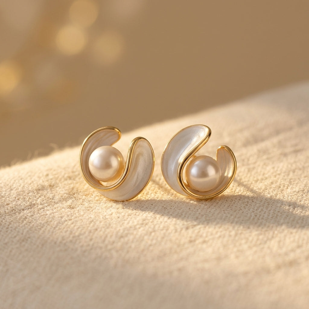 PENDIENTES LUZ BLANCO ÓPALO PERLA ORO CLOU OREILLE