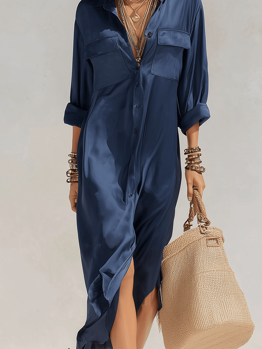 VESTIDO DE SATÉN AZUL PROFUNDO CON ABERTURA LATERAL - VALERINA MARBELLA