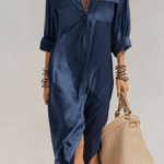 VESTIDO DE SATÉN AZUL PROFUNDO CON ABERTURA LATERAL - VALERINA MARBELLA