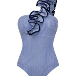 Striped Print One-Shoulder 3D Floral Elastic One-Piece Swimsuit