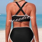Stylish Color-blocked Trim High-waisted Two-piece Stretch Bikini Swimsuit