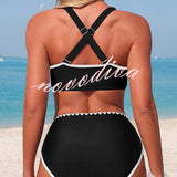 Stylish Color-blocked Trim High-waisted Two-piece Stretch Bikini Swimsuit