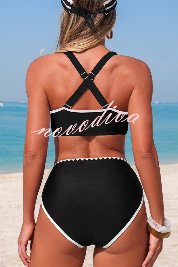 Stylish Color-blocked Trim High-waisted Two-piece Stretch Bikini Swimsuit
