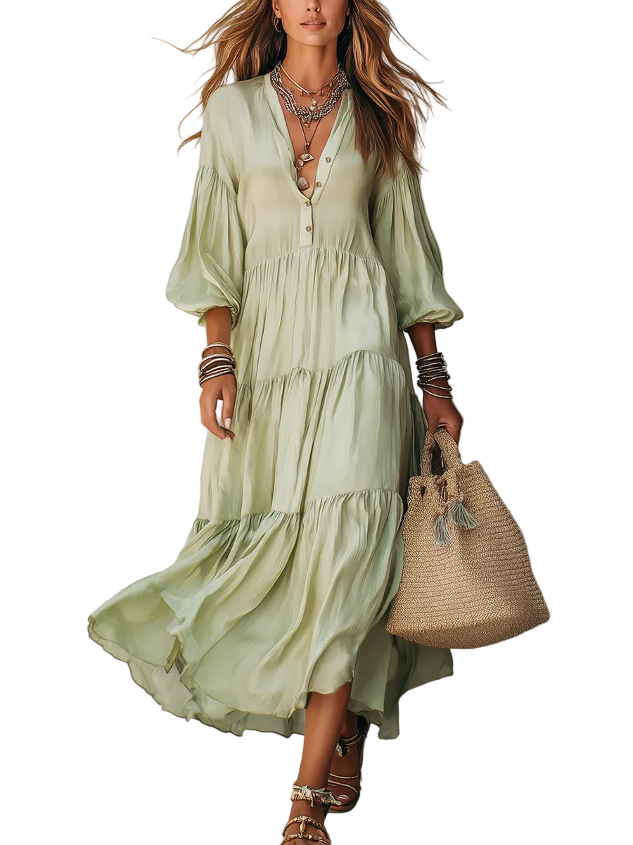 French-style Light Green Layered Dress With Puff Sleeves