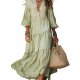 French-style Light Green Layered Dress With Puff Sleeves