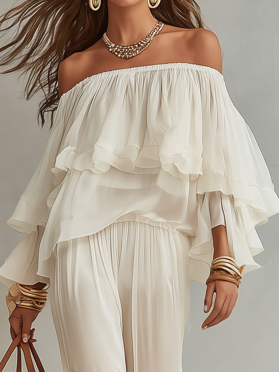 Relaxed Off-Shoulder Ruffle Top & Soft Pants Set