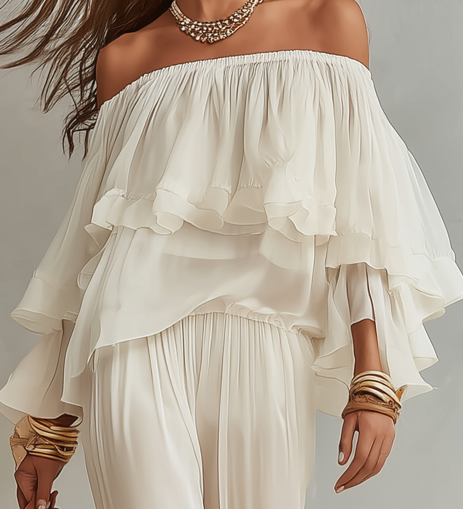 Relaxed Off-Shoulder Ruffle Top & Soft Pants Set