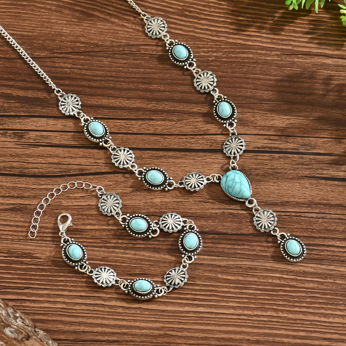 CONJUNTO BOHEMIO TURQUESA & PLATA FLORAL COLLAR Y PULSERA
