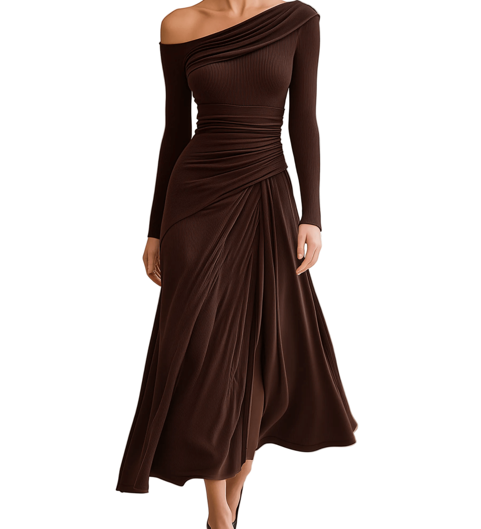 VESTIDO LARGO DE PUNTO CANALÉ MARRÓN CHOCOLATE CON UN HOMBRO - VALERINA MARBELLA