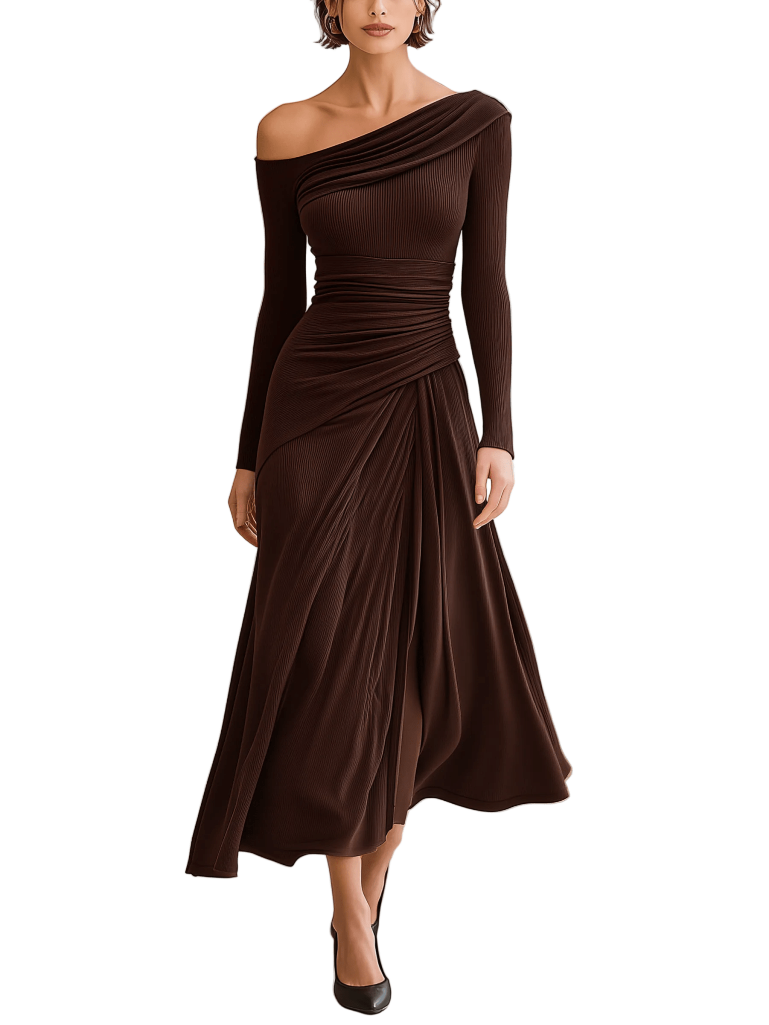 VESTIDO LARGO DE PUNTO CANALÉ MARRÓN CHOCOLATE CON UN HOMBRO - VALERINA MARBELLA