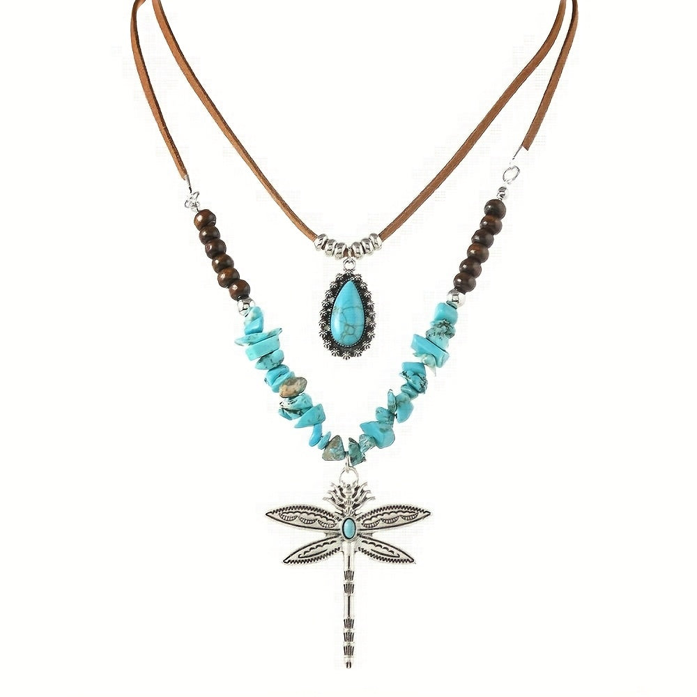 COLLAR BOHEMIO DOS PIEZA TURQUESA LIBÉLULA SUPERPUESTO