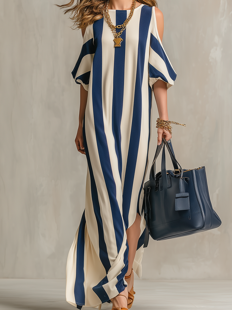 Statement Navy Stripe Cold-Shoulder Maxi Dress
