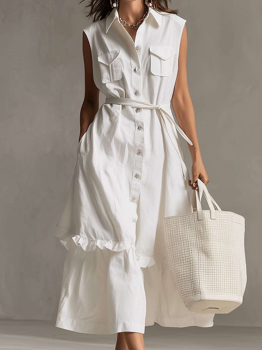 VESTIDO MIDI CAMISERO BLANCO CON CINTURÓN - VALERINA MARBELLA