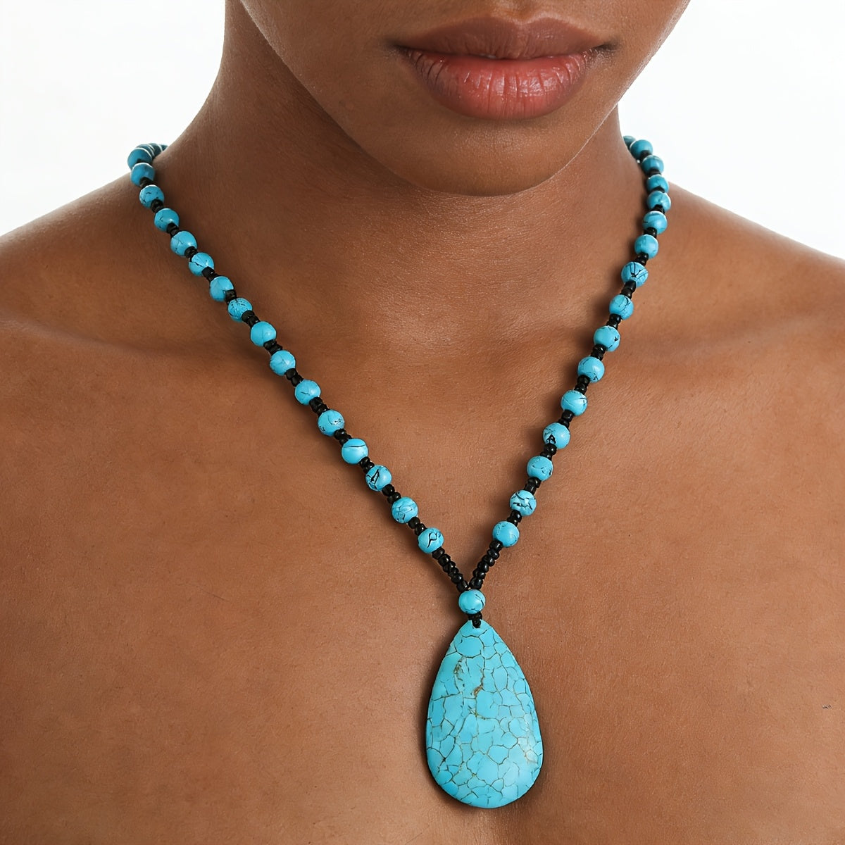 COLLAR BOHEMIO TURQUESA PERLÉ GRANDE GOTA COLGANTE