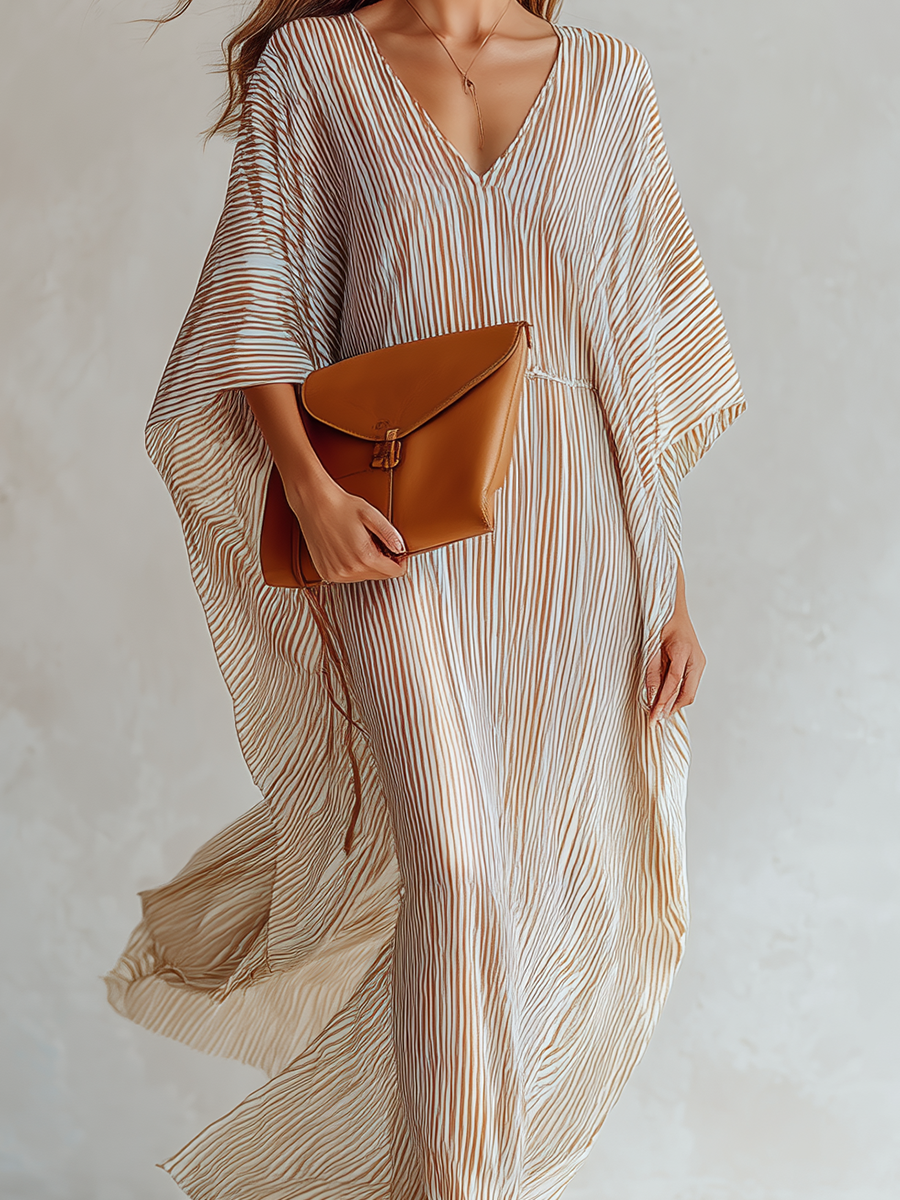 Striped Batwing Sleeve Kaftan Maxi Dress In Beige And Brown