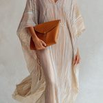 Striped Batwing Sleeve Kaftan Maxi Dress In Beige And Brown