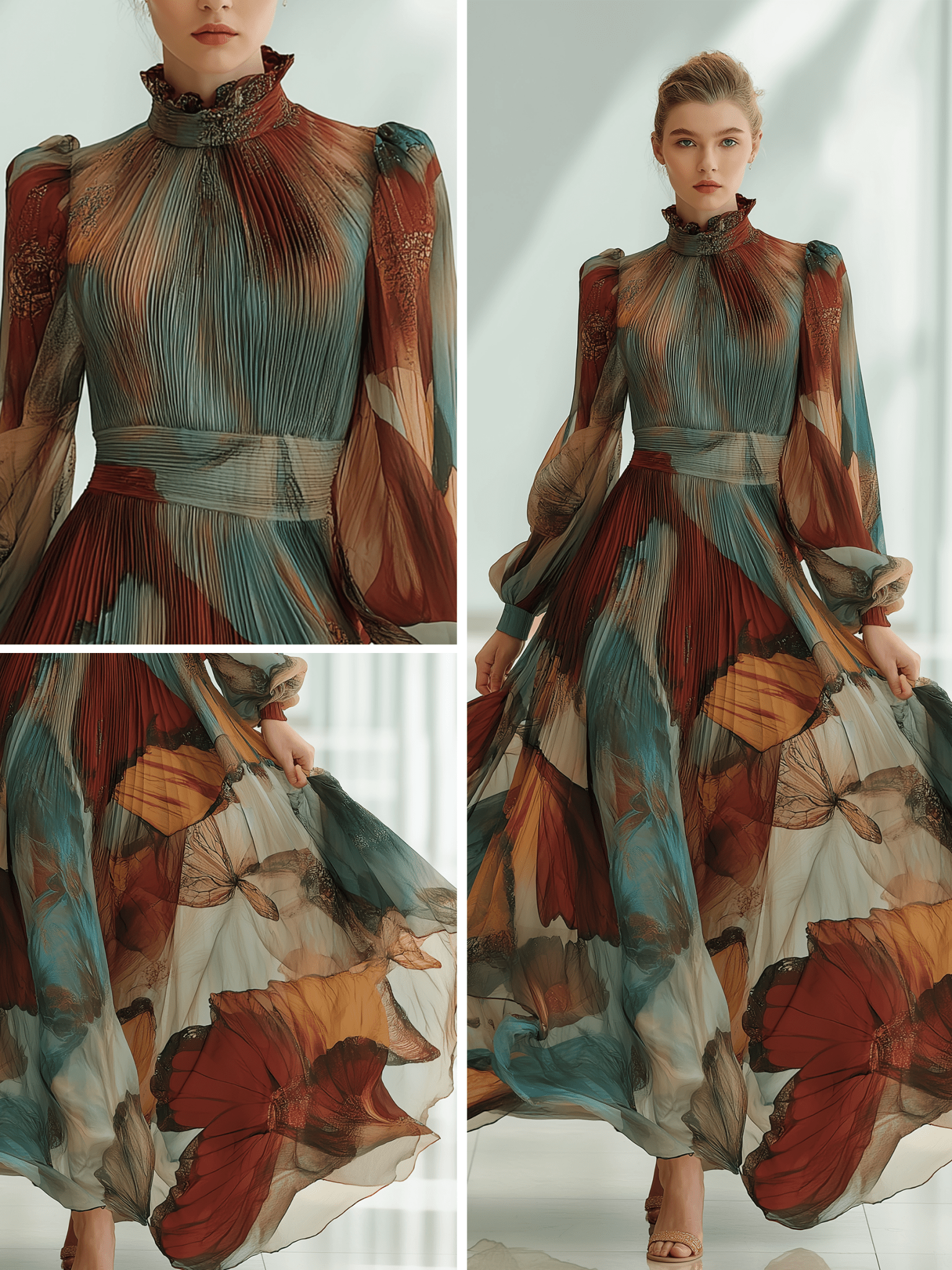 VESTIDO LARGO DE GASA PLISADA CON MARIPOSAS MULTICOLOR - VALERINA MARBELLA