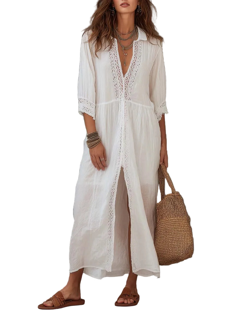 Vintage Lace-trimmed Cotton Linen Shirt Midi Dress