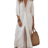 Vintage Lace-trimmed Cotton Linen Shirt Midi Dress