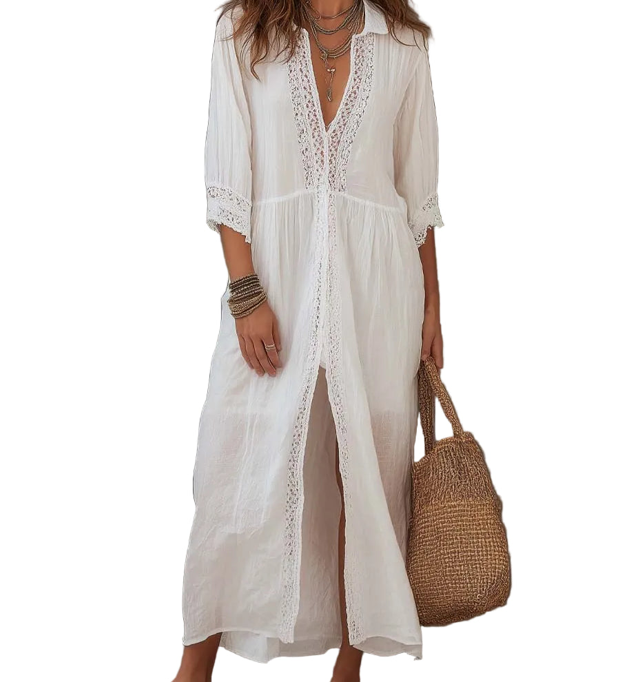 Vintage Lace-trimmed Cotton Linen Shirt Midi Dress