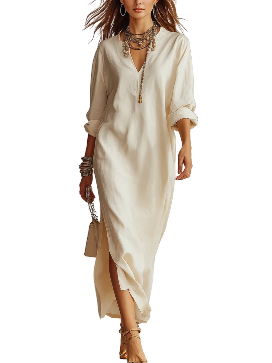 Off-white Shirt-style Long Dress With Side Slits.