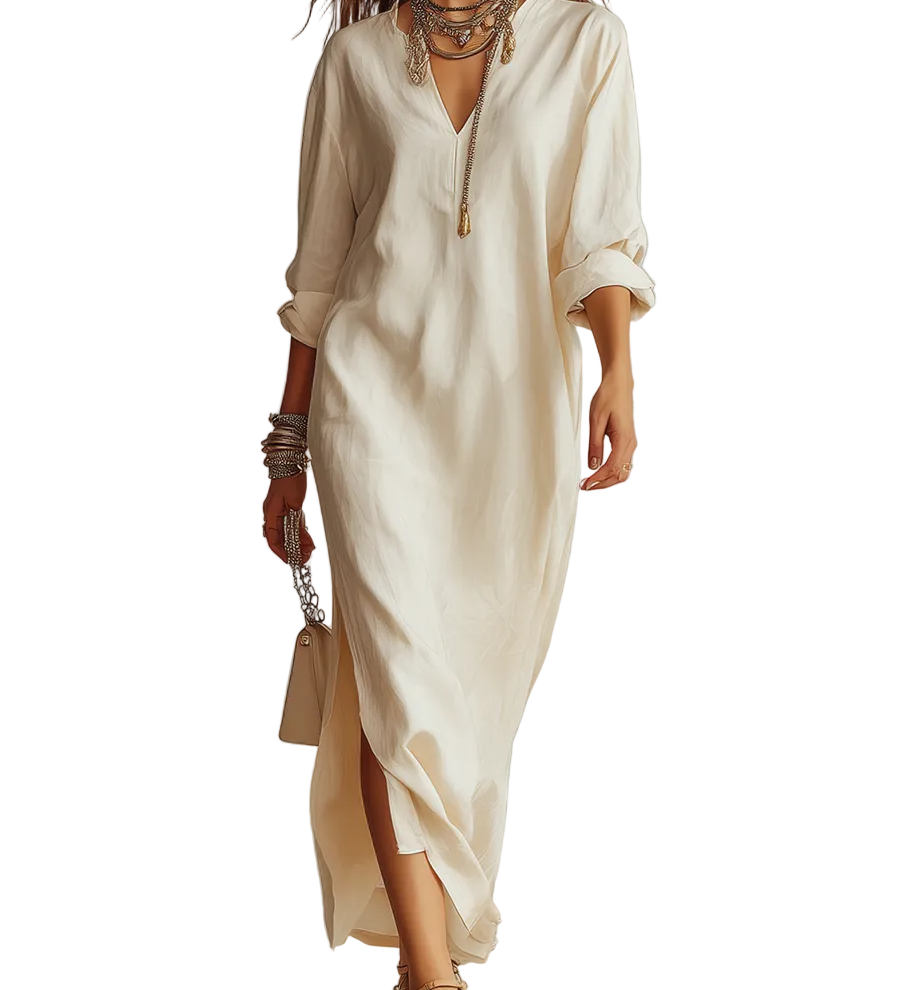 Off-white Shirt-style Long Dress With Side Slits.