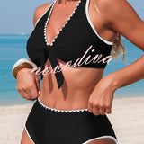 Stylish Color-blocked Trim High-waisted Two-piece Stretch Bikini Swimsuit