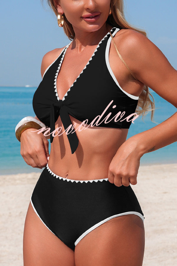 Stylish Color-blocked Trim High-waisted Two-piece Stretch Bikini Swimsuit