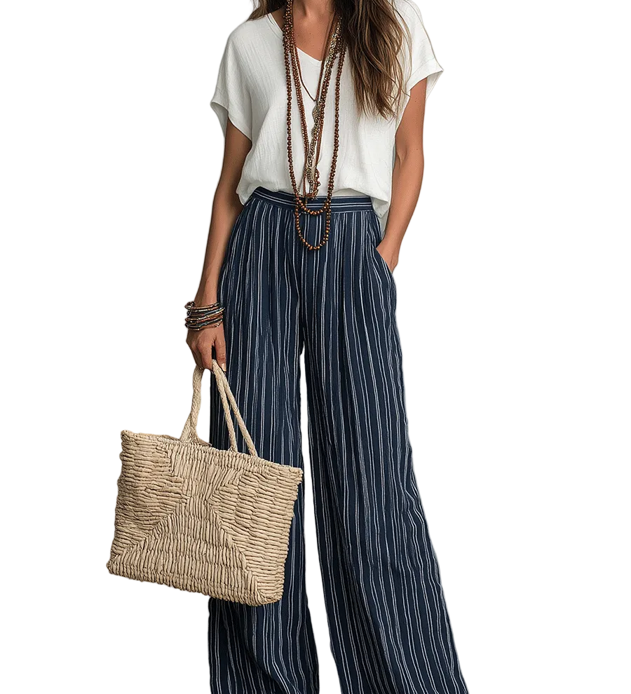 Relaxed Effortless Bohemian Stripe Wide-Leg Pants Set