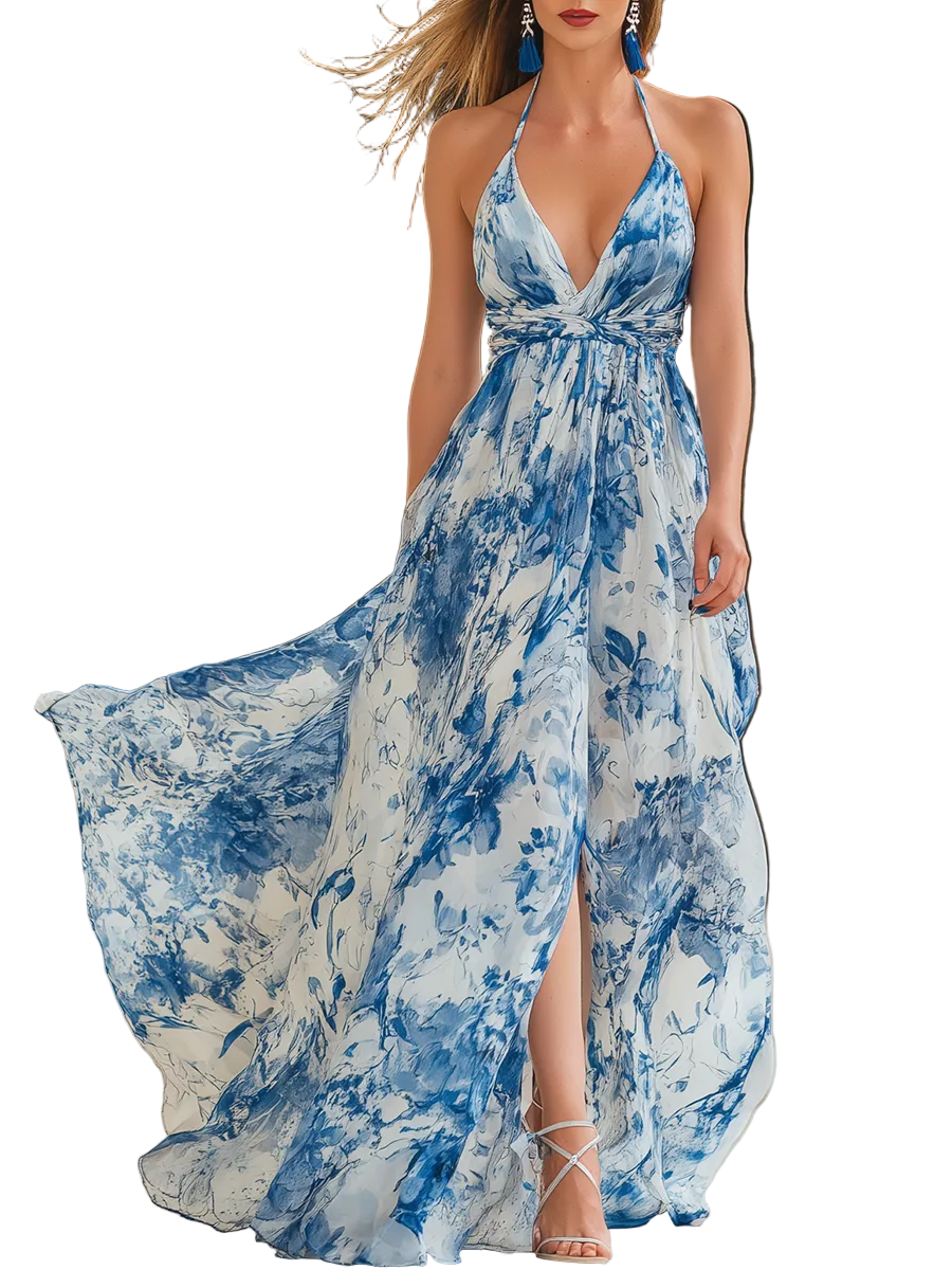 Blue And White Printed Halter-neck Maxi Dress