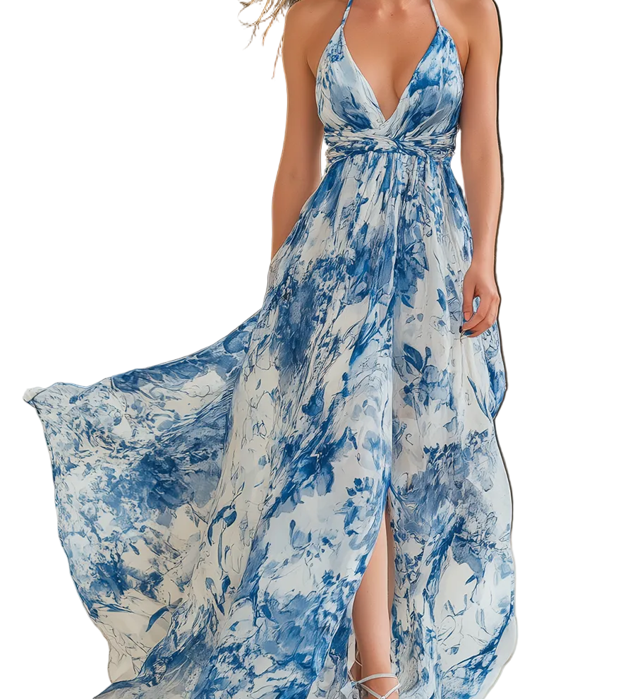 Blue And White Printed Halter-neck Maxi Dress